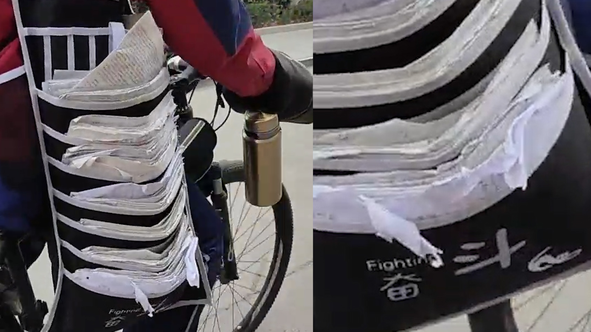 奋斗的模样男生骑车身上侧面挂满卷子上面写着奋斗二字