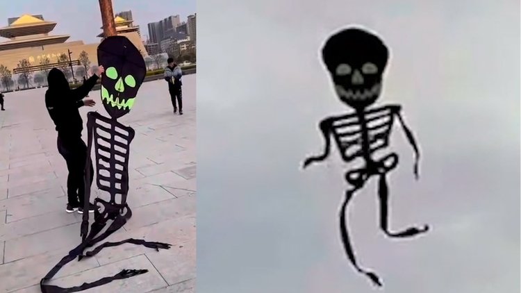 男子放"骷髅"风筝空中飘摇似跳鬼步舞,网友神评:魂在天中飞 人在地上
