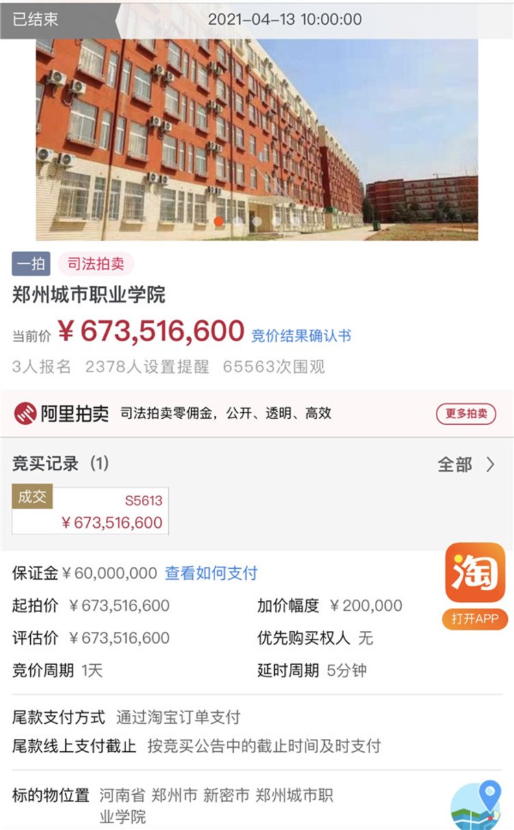 6.73亿！郑州城市职业学院将被新密一公司拍下，为科技服务企业